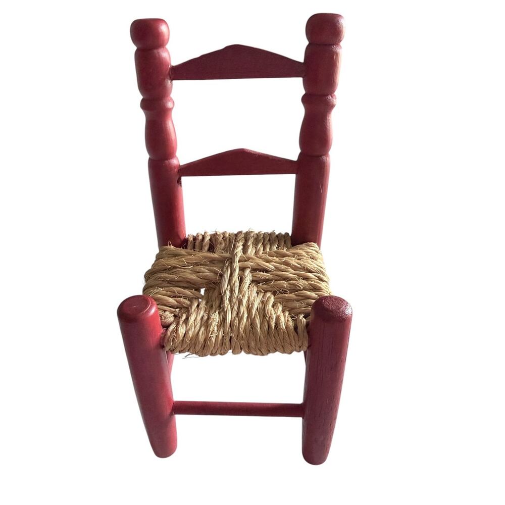 Vintage Miniature Red Wood Ladder Back Doll Chair Woven Rush Seat 7.5"